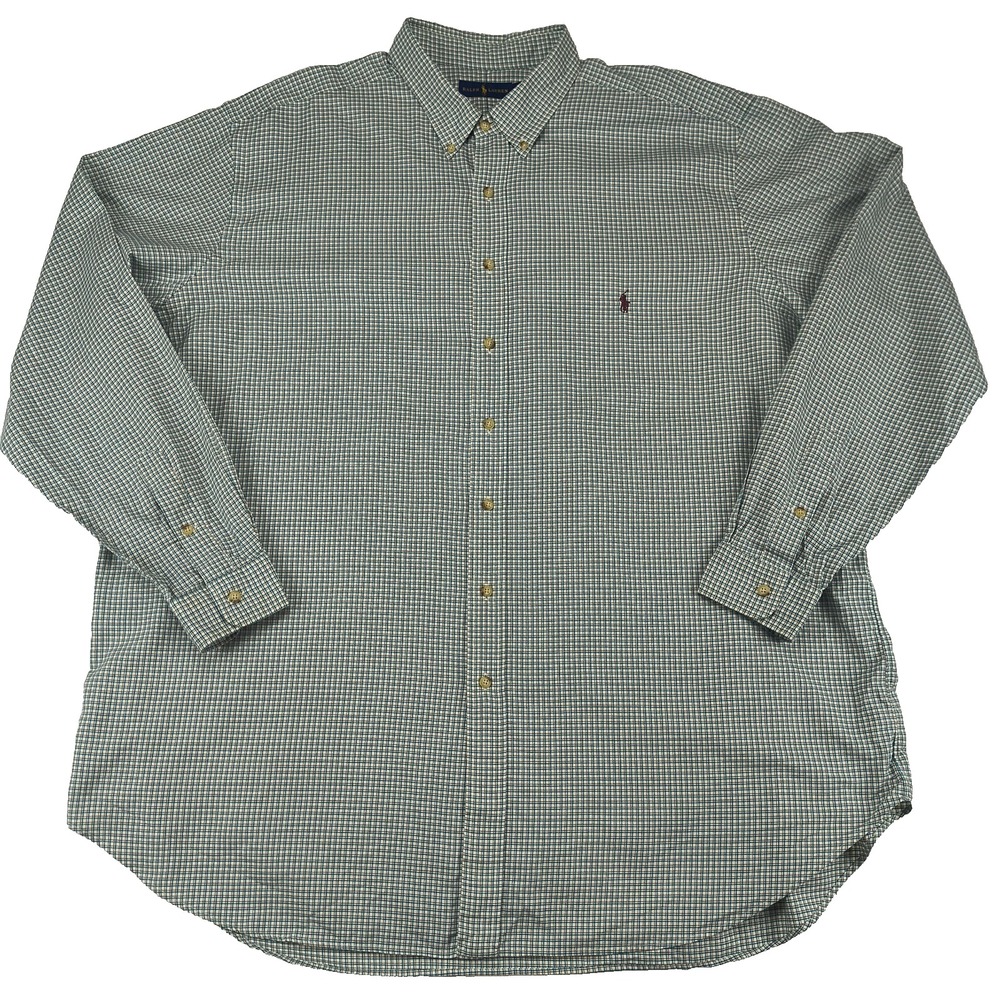 Ralph Lauren Mens 3XLT Tall Button Down Shirt Teal Brown Plaid Check Long Sleeve